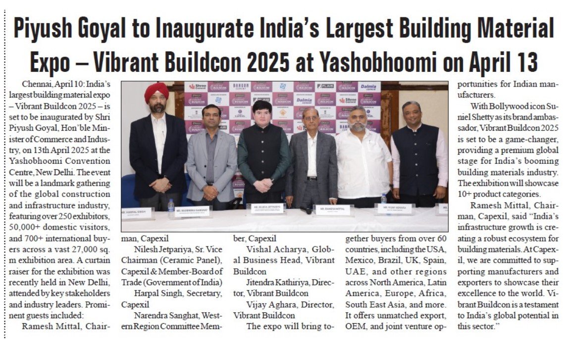 “Virtual Times” – Piyush Goyal to Inaugurate India’s Largest Building Material Expo – Vibrant Buildcon 2025 at Yashobhoomi on April 13