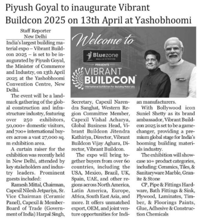 “Top Story” – Piyush Goyal to Inaugurate Vibrant Buildcon 2025 on 13th April at Yashobhoomi