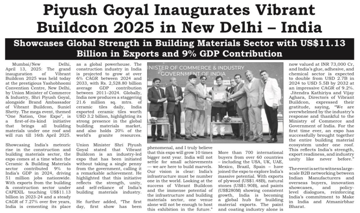 Piyush Goyal Inaugurates Vibrant Buildcon 2025 in New Delhi – India