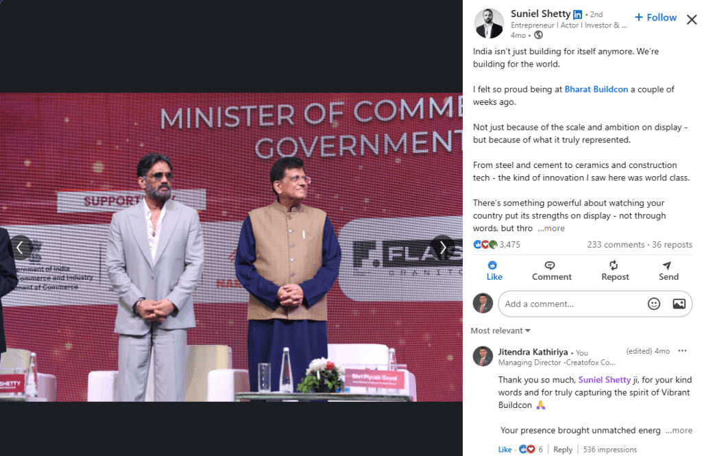 A moment of pride for us – Mr. Suniel Shetty (Actor & Brand Ambassador of Vibrant Buildcon 2025) shared his powerful experience at Vibrant Buildcon, applauding India’s innovation, scale, and spirit of entrepreneurship.
